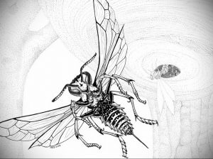 Фото татуировки осы, выполненной в технике pointillism (пуантилизм) с использованием множества точек для создания изображения.