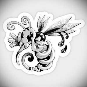 Черно-белый эскиз татуировки пчелы, выполненный в технике dotwork, с использованием множества точек для создания изображения.