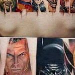 Фото тату на груди с изображением Супермена и Бэтмена, выполненное в реалистичном стиле с использованием ярких цветов и теней.