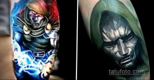 Фото тату: два рисунка Доктора Дума из комиксов Marvel на руке. Один в цвете с энергетическими разрядами, другой черно-серый. Эскиз тату.