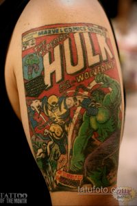Фото тату, имитирующее обложку комикса Marvel с изображением Халка и Росомахи. Яркие цвета и динамичная композиция.