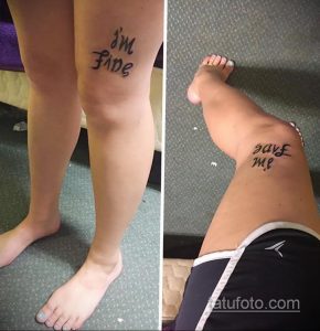 Фото тату надписи 'I'm Fine' на ноге. Простой, но глубокий рисунок татуировки, отражающий внутреннее состояние человека.