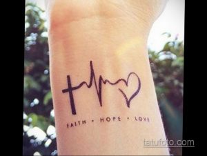 Фото минималистичной татуировки надписью 'Faith, Hope, Love' на запястье. Небольшой рисунок татуировки черными чернилами.