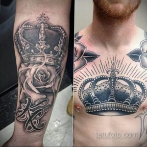Фото тату: два варианта татуировки в стиле blackwork - корона с розой на предплечье и корона с лучами на груди, детализированные узоры.