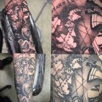 Фото тату на руке, изображающее фрагмент старинной карты с компасом и морскими элементами, выполненное в технике гравюры.