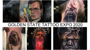 Фото тату: коллаж из различных татуировок, представленных на Golden State Tattoo Expo 2020, включая портреты, насекомых и традиционные стили.