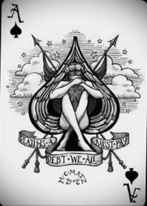 Фото тату: карта Ace of Spades с изображением плачущей девушки, окруженной символами смерти, выполненная в черно-белом стиле.