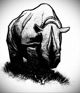 Черно-белая татуировка носорога в стиле blackwork, с использованием плотных черных заливок и геометрических элементов.