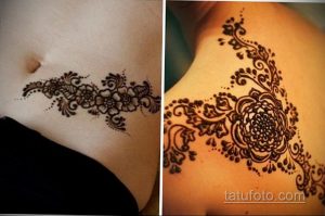 Фото тату мехенди на животе и плече девушки. Коричневые цветочные узоры с тонкими линиями и завитушками, нанесенные хной. Два разных рисунка.