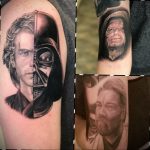 Фото коллажа тату с изображением Энакина Скайуокера, Дарта Вейдера и Оби-Вана Кеноби. Черно-белые портреты выполнены в реалистичном стиле.