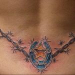 Фото татуировки на спине с изображением подковы, окруженной колючей проволокой и звездами. Детализированный рисунок татуировки выполнен в черно-серых тонах.