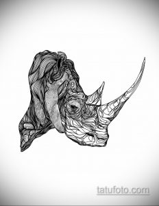 Эскиз тату носорога в стиле линейной графики. Черно-белый рисунок татуировки с четкими линиями и минималистичным дизайном.