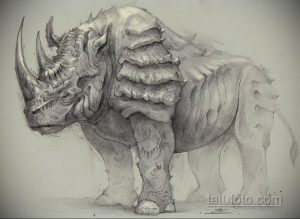 Эскиз тату носорога, выполненный карандашом. Черно-белый рисунок татуировки с реалистичной проработкой деталей и текстур.