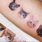 Фото миниатюрных татуировок с изображением мордочек кошек. Разноцветные рисунки, выполненные в реалистичном стиле.