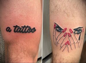 Фото тату на ноге с надписью 'a tattoo' и изображением женских рук с красным маникюром. Стиль - минимализм, цвета - черный и красный.