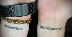 Фото тату: татуировка с римскими цифрами 'III.XXII.MMVIII' и надписью 'BE PRESENT' на мужском запястье. Стильный дизайн, сочетание цифр и текста.