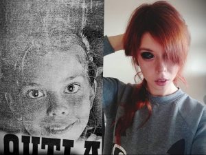 Фотография девушки в ретро-стиле с черно-белым изображением на фоне. Идеально для поиска идей для татуировок в стиле олдскул.