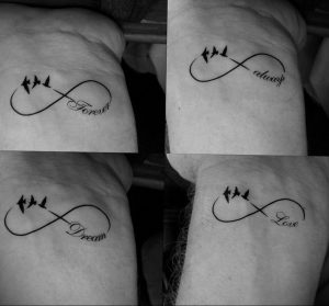 Фото тату бесконечность с летящими птицами и надписями 'Forever', 'Always', 'Dream', 'Love' на предплечьях.