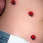 Фото трех маленьких татуировок божьих коровок на животе. Простые и милые рисунки татуировок в красных и черных тонах.