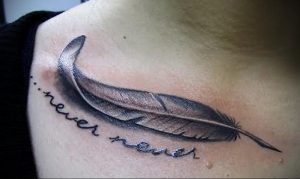 Фото татуировки пера с надписью "never never" на плече. Черно-серое изображение с реалистичной проработкой пера.