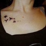 Фото тату стаи маленьких черных птиц на груди. Минималистичный и элегантный рисунок татуировки, символизирующий свободу и легкость.