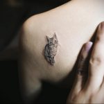 Фото миниатюрной татуировки котенка на лопатке. Черно-белый рисунок, реалистичный стиль, милый и нежный дизайн.