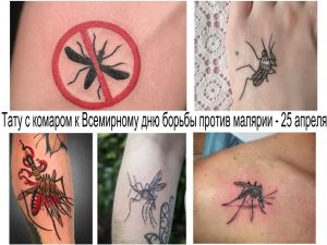 Коллаж из фотографий татуировок с изображением комаров в различных стилях и размерах. От минималистичных контуров до ярких и детализированных рисунков.