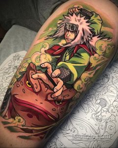 Фото тату на руке с изображением Джирайи и Гамабунты из аниме "Naruto". Джирайя сидит на спине огромной жабы Гамабунты.