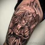 Фото тату с изображением Гоку и Веджеты из аниме Dragon Ball Z в боевой позе, выполненное в черно-белом стиле на руке.