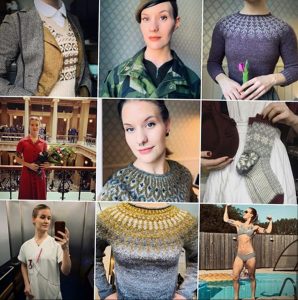Коллаж из девяти фотографий молодой женщины в разнообразной одежде и ситуациях, демонстрирующий ее стиль и образ жизни.