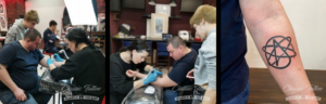 Фотографии процесса нанесения татуировки в виде черной пятиконечной звезды на руке, демонстрирующие работу мастера и финальный результат.