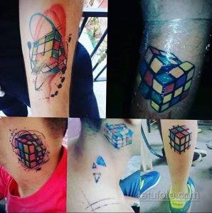 Фото коллажа из нескольких татуировок кубика Рубика, выполненных в разных стилях и размерах на разных частях тела.