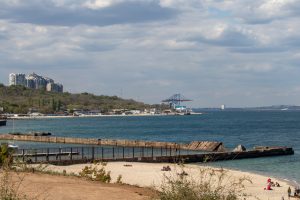 Фото тату: Пляж с людьми, отдыхающими на солнце, на фоне морского пейзажа и городской застройки.