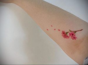 Фото тату: небольшая, нежная татуировка с изображением цветущей ветки сакуры на руке, выполненная в розовых тонах.