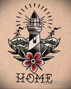 Фото тату маяка в стиле олд скул с цветами и надписью 'HOME'. Черно-белая татуировка.