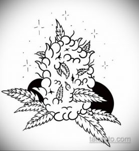 Фото тату: черно-белый рисунок в стиле blackwork с изображением листьев, образующих форму сердца. Татуировка на плече.