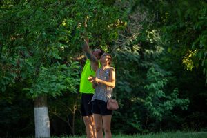 Фотография пары, стоящей под деревом. У мужчины на руке видна яркая татуировка с цветами и узорами.
