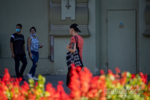 Фото тату на руке мужчины в кепке и футболке с принтом. Татуировка выполнена в черных тонах и видна на фоне красных цветов.