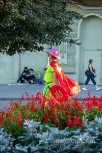 Фотография уличного артиста в красном плаще и розовой шляпе, держащего щит с украинским флагом возле цветов.