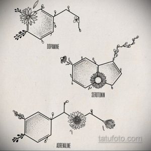 Черно-белый эскиз татуировки, изображающий молекулы дофамина, серотонина и адреналина, украшенные цветами. Символизирует химию эмоций и счастья.