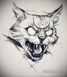 Черно-белый эскиз татуировки с изображением рычащего кота. Детализированный рисунок с выразительной мордой.