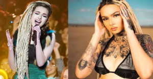 Фотография демонстрирует изменения во внешности Anitta: слева - на сцене, справа - с обилием татуировок на теле.