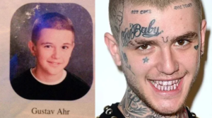 Фотография демонстрирует трансформацию Lil Peep: слева - школьный снимок, справа - артист с обилием татуировок на лице и теле.