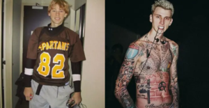 Фотография демонстрирует трансформацию Machine Gun Kelly: слева - юный парень, справа - звезда с обилием татуировок на теле.