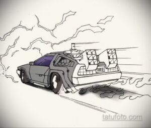 Черно-белый эскиз татуировки DeLorean из фильма 'Назад в будущее' с молниями, идеально подходящий для поклонников кино.