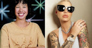 Коллаж из двух фотографий Amber Rose: слева - в юности без татуировок, справа - с обилием татуировок на руках, шее и голове.