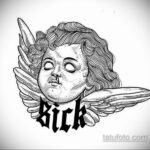 Фото тату с изображением мрачного ангела в стиле графика, с надписью "Sick". Необычный и провокационный рисунок для смелых личностей.