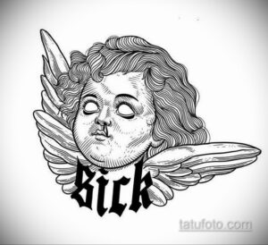 Фото тату с изображением мрачного ангела в стиле графика, с надписью "Sick". Необычный и провокационный рисунок для смелых личностей.