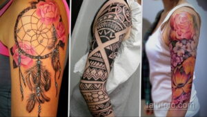Фото тату на руке: коллаж из трех татуировок - рукав с ловцом снов и розами, рукав в стиле мандала и цветочный рукав.