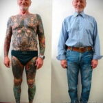 Фотография пожилого мужчины, полностью покрытого татуировками. На фото представлены две версии: с татуировками и без них, демонстрирующие масштаб изменений.